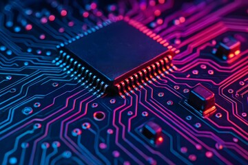 Fototapeta premium High-Resolution Close-Up of a Microchip on a Circuit Board with Colorful LED Light Effects and Intricate Circuit Patterns