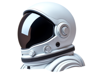White astronaut helmet with dark reflective visor isolated on a transparent background space suit