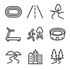 Fototapeta premium Running Icon Set. Outline icon set of running environment: track, road, trail, treadmill, park, stadium, cityscape, hills, forest