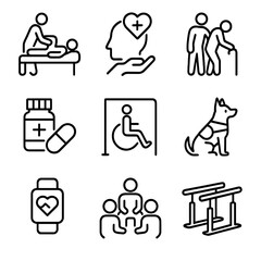 Health Support Icon Set. Outline icon set of health and support: physical therapy, mental health support,