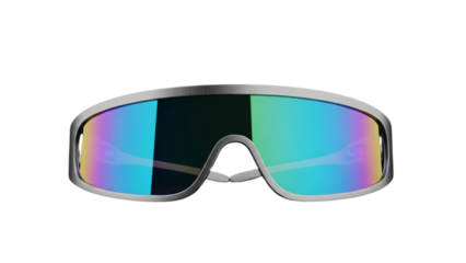 Futuristic shield sunglasses with iridescent mirrored lenses on a white background