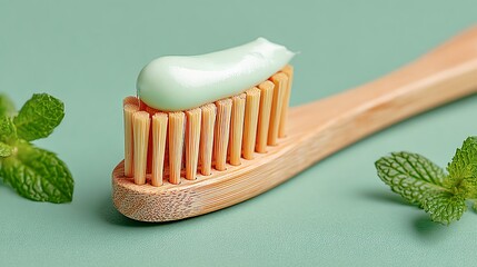 Mint toothpaste on wooden toothbrush on bright background