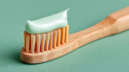 A wooden toothbrush with mint toothpaste poured on it