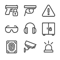 Firearm Safety Icons. Outline icon set of firearm safety: safety lock, trigger guard, warning sign, protective glasses, ear