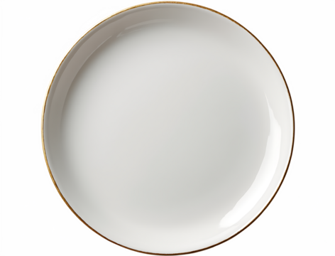 White ceramic plate with golden rim and green abstract background isolated on a transparent background