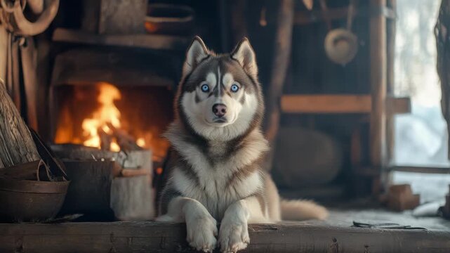 Siberian husky dog with blue eyes resting indoors near warm fireplace creating cozy rustic cabin atmosphere with wooden elements soft lighting and calm winter pet animal ambiance