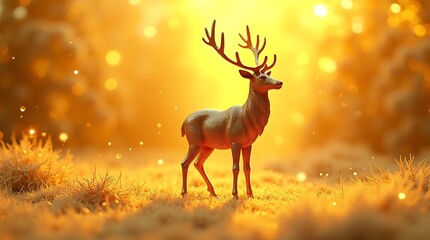 Majestic stag standing in a golden sunlit forest