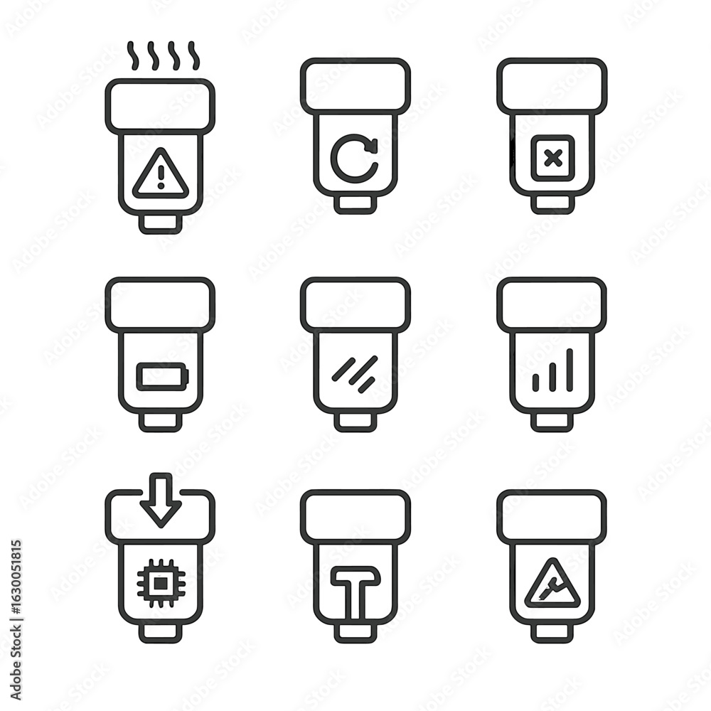 Poster flash unit diagnostics icons. outline icon set of flash unit diagnostics: overheating warning, recyc