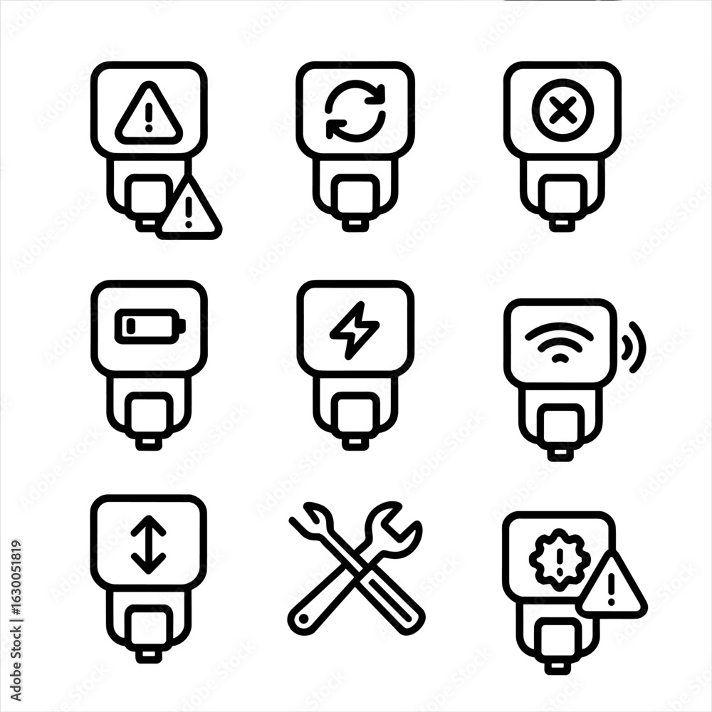 Poster flash unit diagnostics icons. outline icon set of flash unit diagnostics: overheating warning, recyc