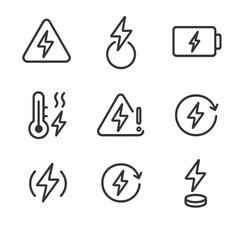 Flash Warning Icons. Outline icon set of flash warnings and signals: overexposure warning, flash ready light, low battery,