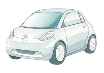 Fototapeta premium Watercolor illustration of a futuristic light blue compact car with a rounded modern design.