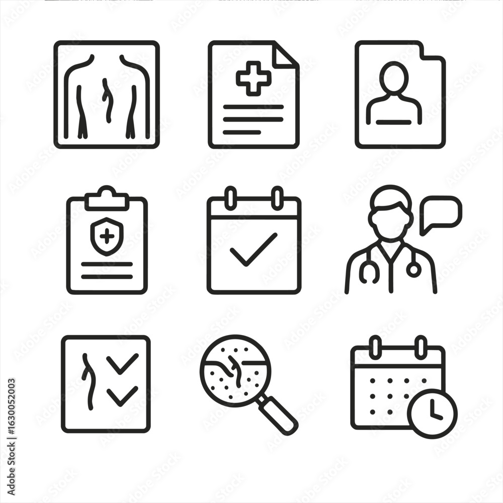 Poster scar documentation icon set. outline icon set of scar documentation: before and after photos, medica