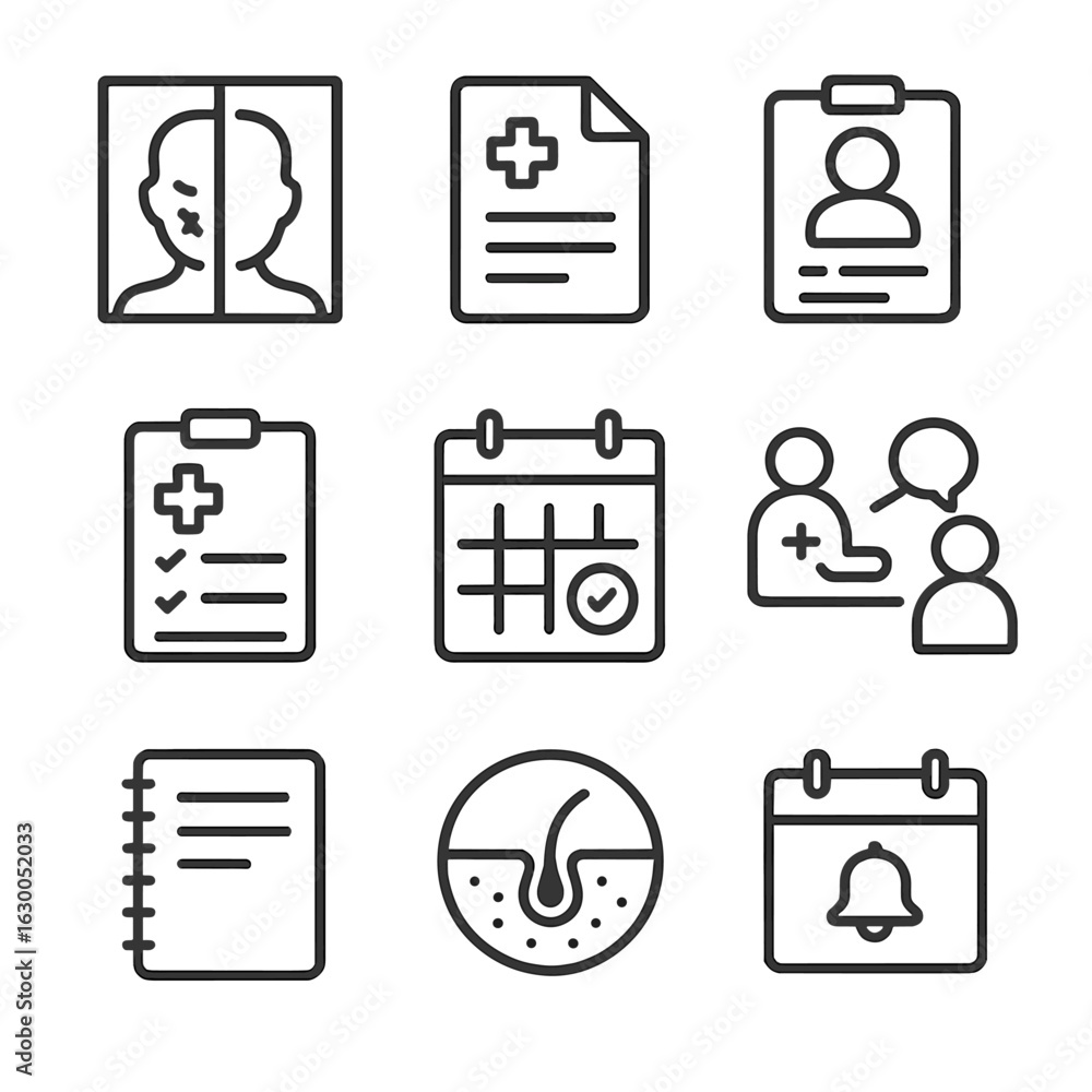 Poster scar documentation icon set. outline icon set of scar documentation: before and after photos, medica