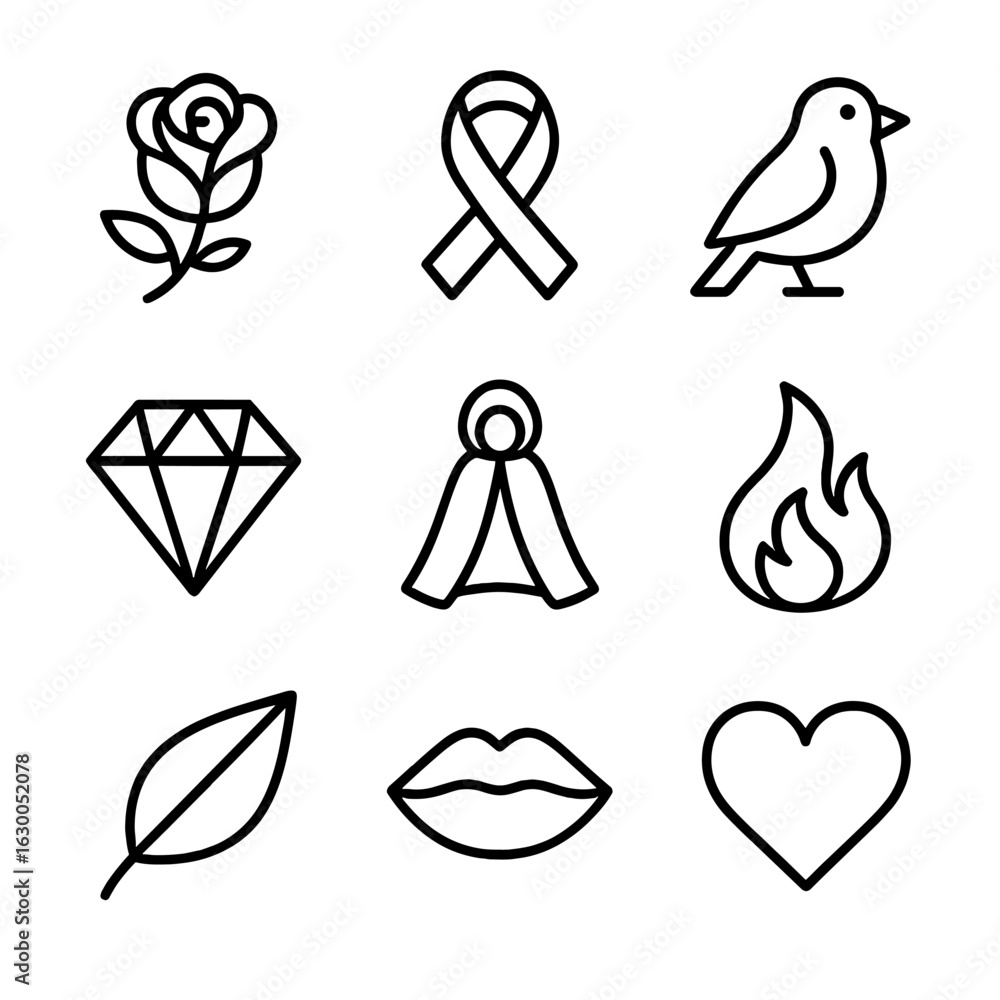 Poster scarlet object icons. outline icon set of scarlet objects and symbols: scarlet rose, scarlet ribbon,