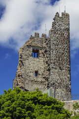 Close up of the ruins of Drachenfels Castle, seen from the viewpoint underneath it