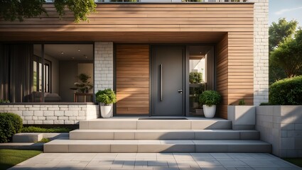 Modern Home Exterior with Stone and Wood Facade, Lush Landscaping