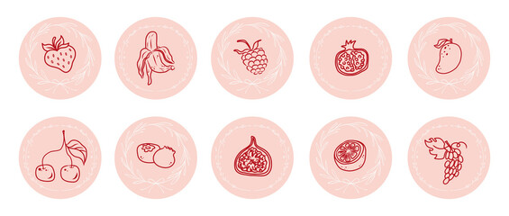Hand drawn fruit label set. Vintage red outline icons of strawberry, banana, raspberry, pomegranate, mango, cherry, blueberry, fig, grapefruit, grapes. Round pink stickers for jam jar packaging