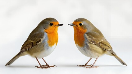Two European Robins Facing Each Other on White Background