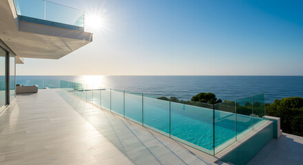 Infinity pool ocean view luxury home modern architecture blue water clear sky summer vacation travel destination