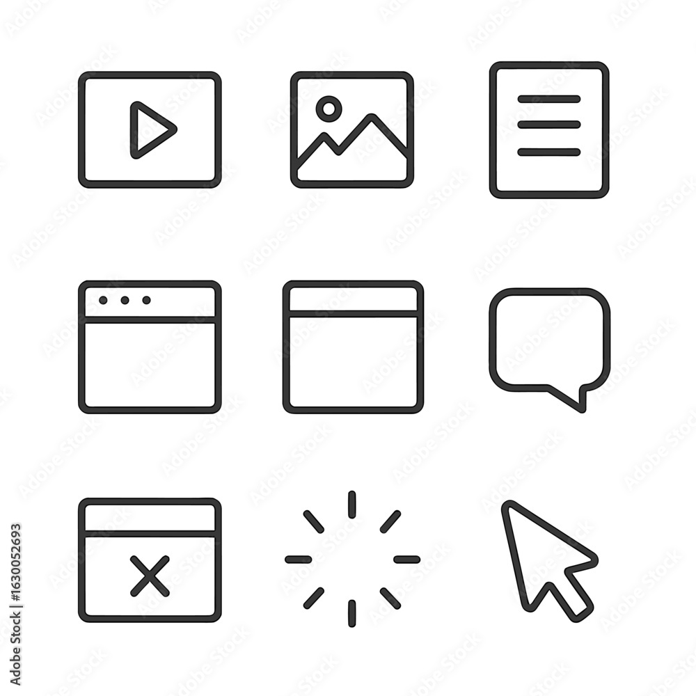 Poster screen content icon set. outline icon set of screen content: video play, image gallery, text documen