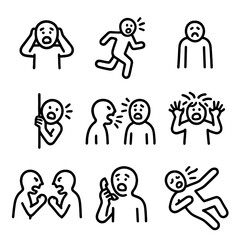 Scream Reaction Icons. Outline icon set of scream reactions: covering ears, running, freezing, hiding, shouting back, panic,