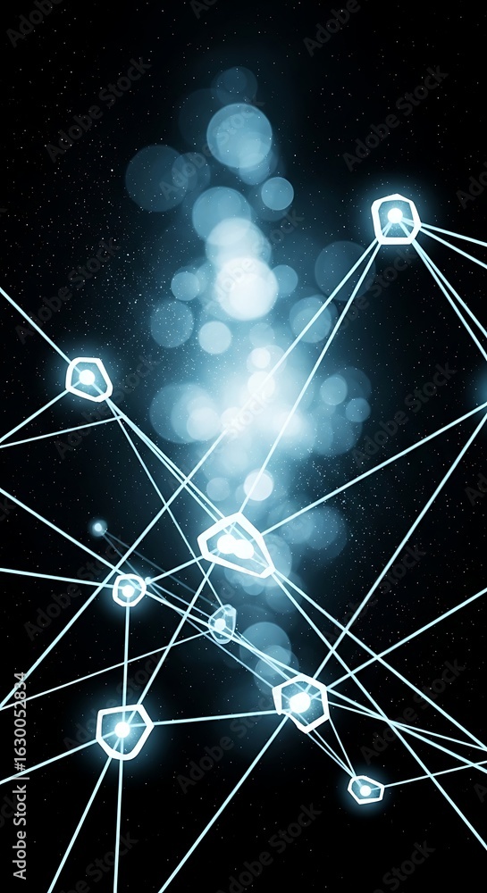 Poster abstract network of glowing nodes interconnected by thin luminous lines in a dark cosmic background 