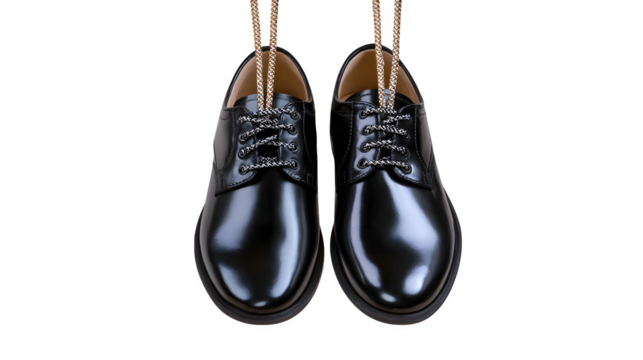 Pair of black dress shoes hanging by laces, isolated with subtle drop shadow, white background,