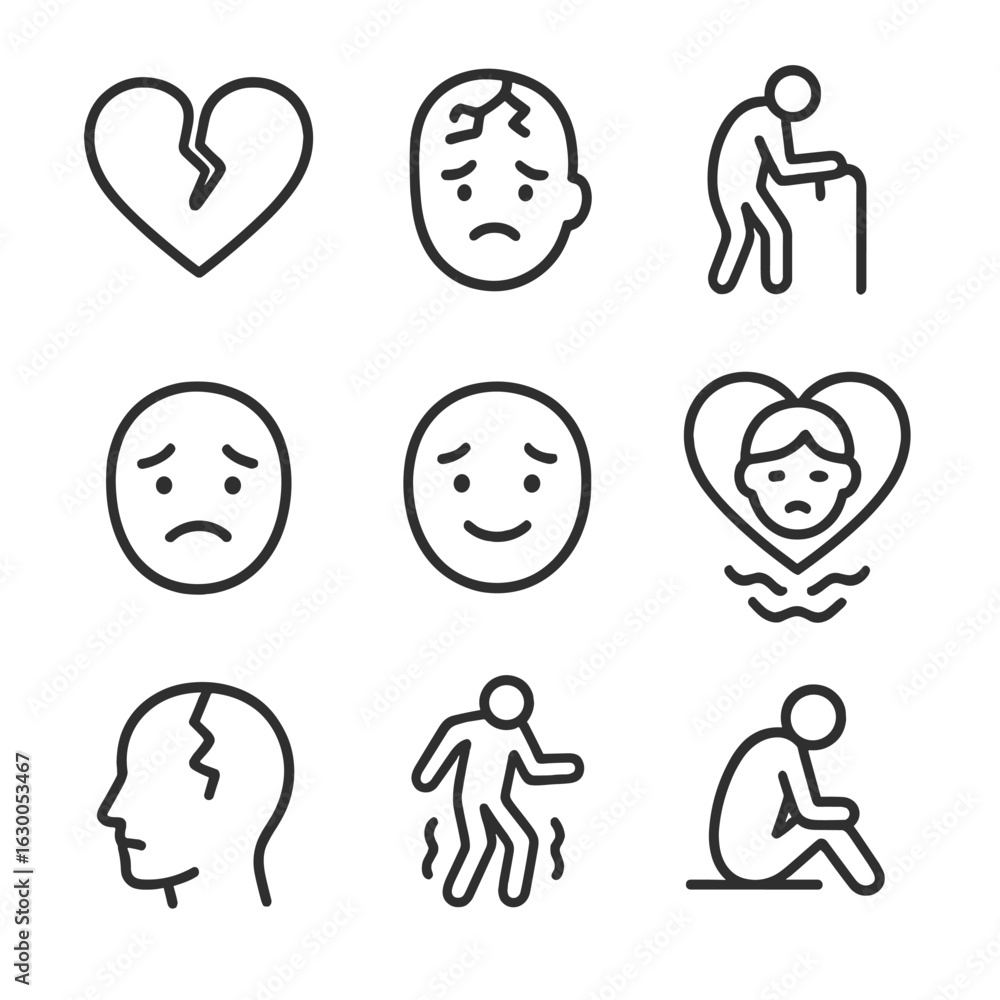 Poster fragile icons set. outline icon set of fragile conditions: cracked heart, broken trust, fragile emot