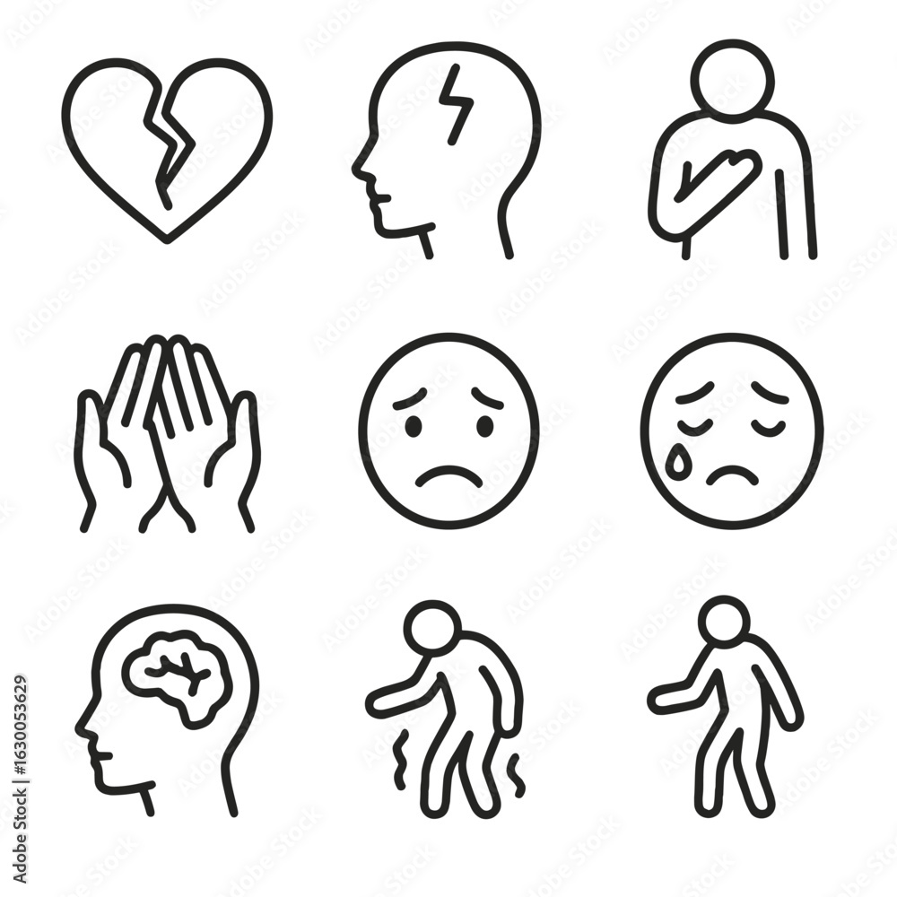 Poster fragile icons set. outline icon set of fragile conditions: cracked heart, broken trust, fragile emot