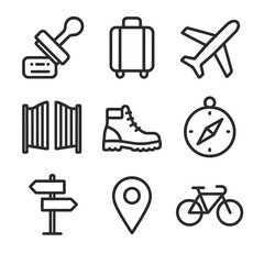 Freedom Icon Set. Outline icon set of freedom of movement: passport stamp, suitcase, airplane, open gate, hiking boots, compass,