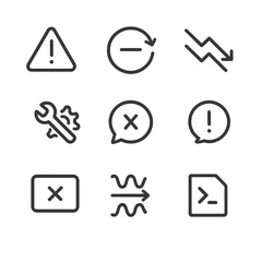 Icon Sets Collection. Outline icon set of negative feedback: warning sign, minus sign in loop, downward trend arrow, corrective