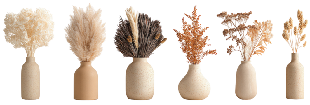 Arrangement of dried flowers in cream-colored vases