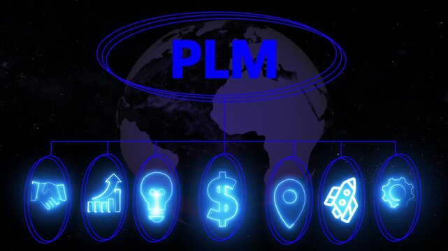 PLM Product lifecycle management system technology concept. Technology, business insights from large data sets. Animated data analytics banner web icons isolated on transparent background