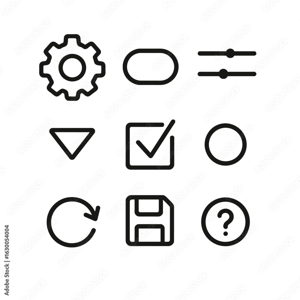 Poster settings ui icons. outline icon set of settings ui: gear icon, toggle switch, slider control, dropdo