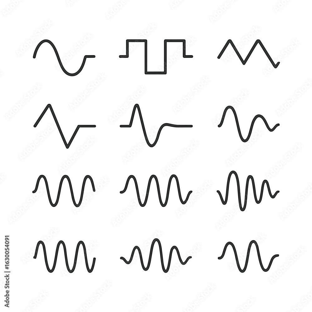 Aufkleber frequency waveform icons. outline icon set of frequency waveforms: sine wave, square wave, triangle 
