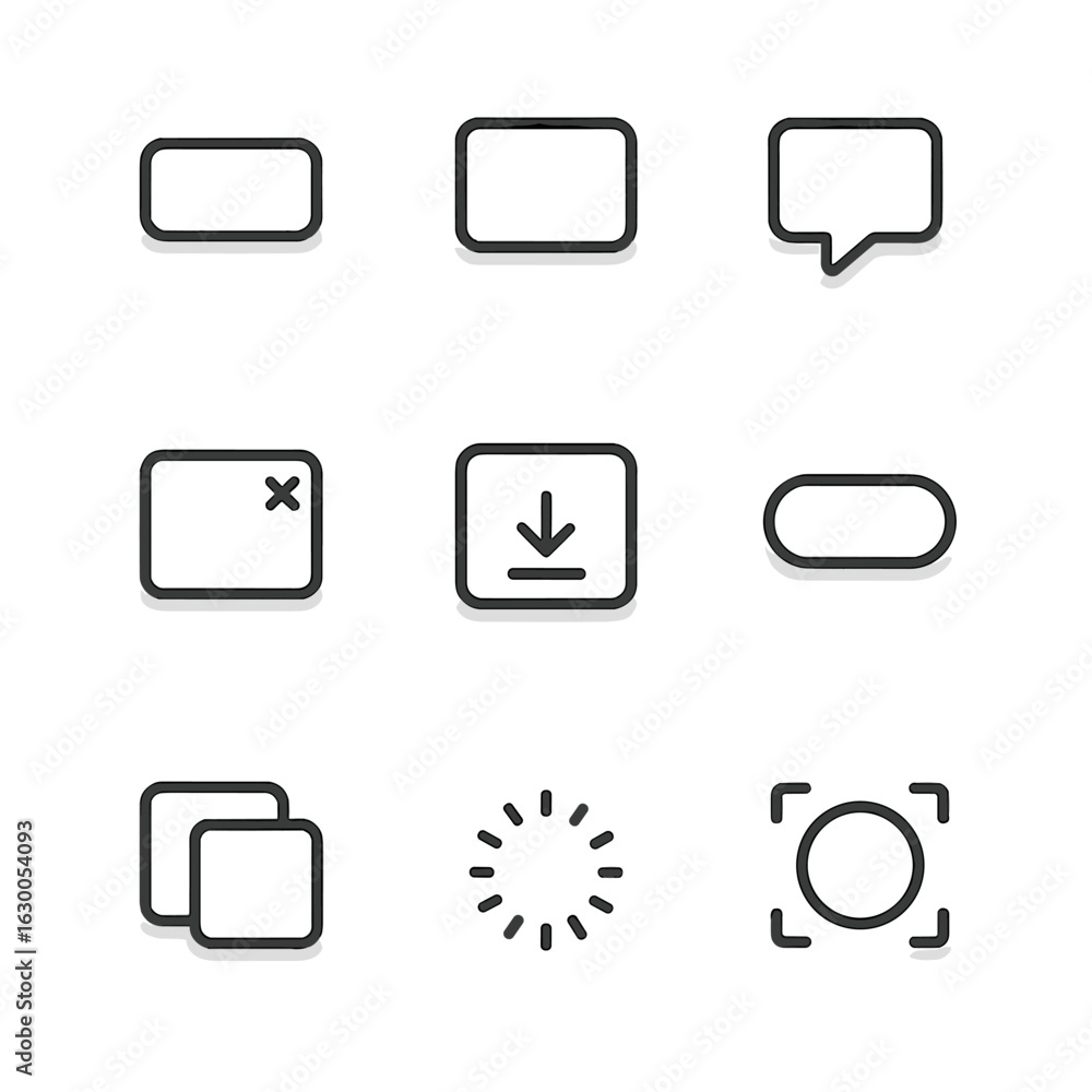 Poster shadow effect icons. outline icon set of shadow effects in ui: shadow button, shadow card, shadow po