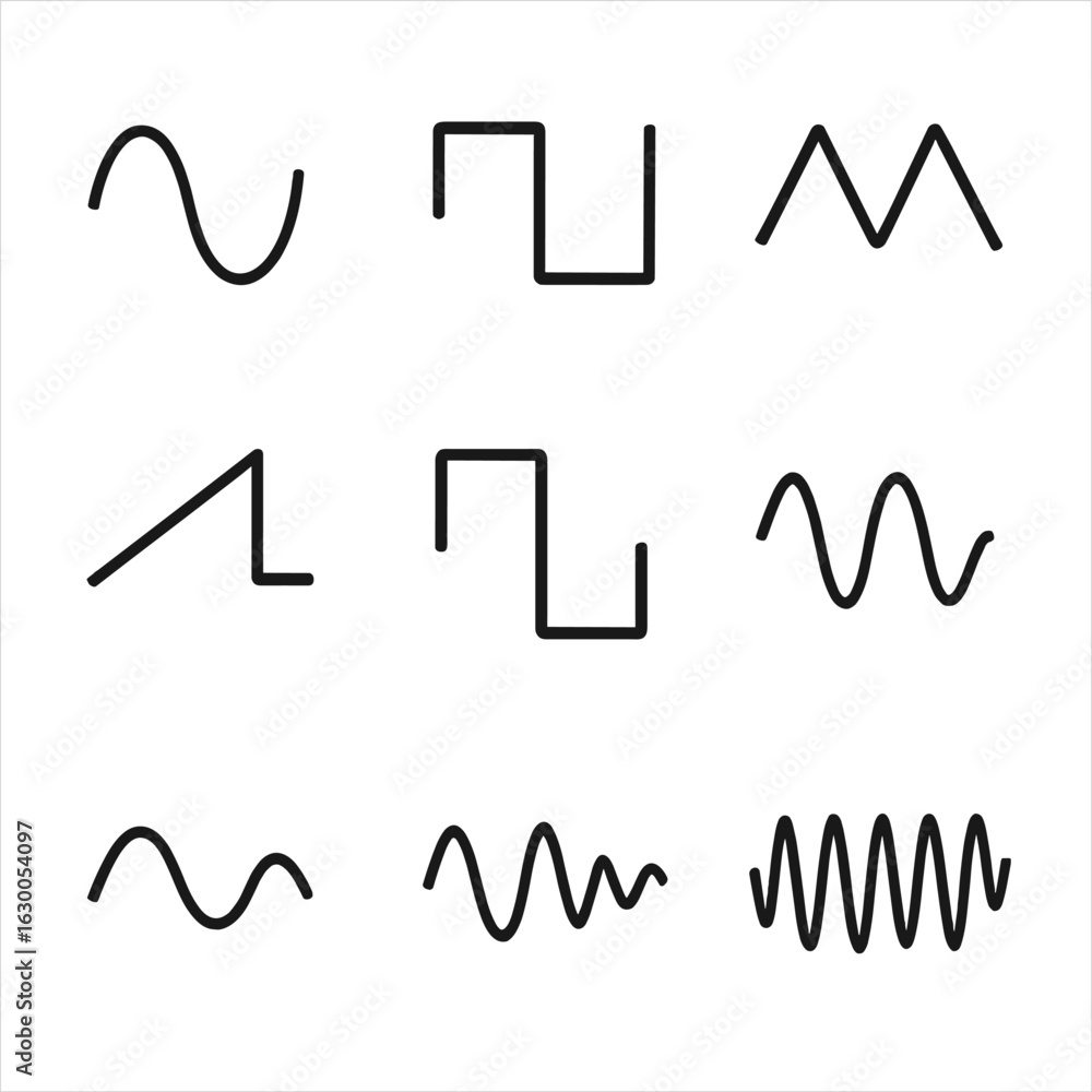Aufkleber frequency waveform icons. outline icon set of frequency waveforms: sine wave, square wave, triangle 