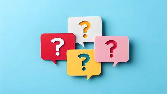 Colorful Question Marks in Speech Bubbles on Light Blue Background
