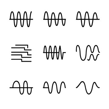 Frequency Modulation Icons. Outline icon set of frequency modulation types: AM, FM, PM, QAM, OFDM, FSK, PSK, GMSK, CPM. Line icons