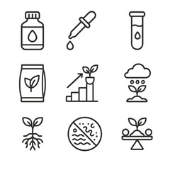 Hydroponic Icon Set. Outline icon set of hydroponic nutrient management: chemical bottle, dropper, test tube,