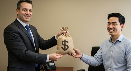 Professional businessman hands over a symbolic money bag to a satisfied client, representing a successful financial transaction, investment, or loan agreement between two individuals.