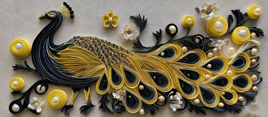 Rolled-paper art Peacock form, yellow/black quillwork, pearls, floral accents