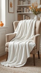 Cozy Reading Nook with Beige Armchair and White Blanket