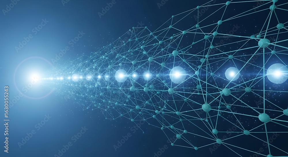 Poster abstract network structure with glowing connections and expanding data flow into the future