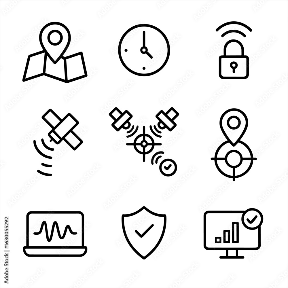 Poster galileo navigation icon set. outline icon set of galileo navigation features: positioning, timing sy