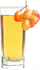 A refreshing glass of golden yellow apple cider garnished with a cluster of ripe red and orange...