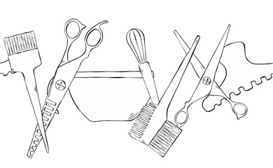 Hair color Salon seamless horizontal border. Vector graphic line ink illustration. background for banners, print for fabric, labels, t-shirt printing. For logo, web, package, sticker.
