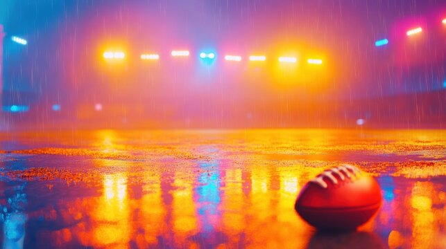 Emotional football game in the rain with bright lights illuminating the field