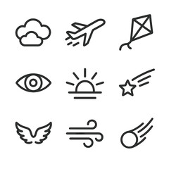 Skyward Icon Set. Outline icon set of skyward: clouds, ascending plane, kite, eagle eye view, comet, sun rays, shooting star, open