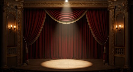 A traditional theater setting featuring grand crimson drapes, a glowing spotlight cutting through the darkness, and an elaborately decorated stage backdrop